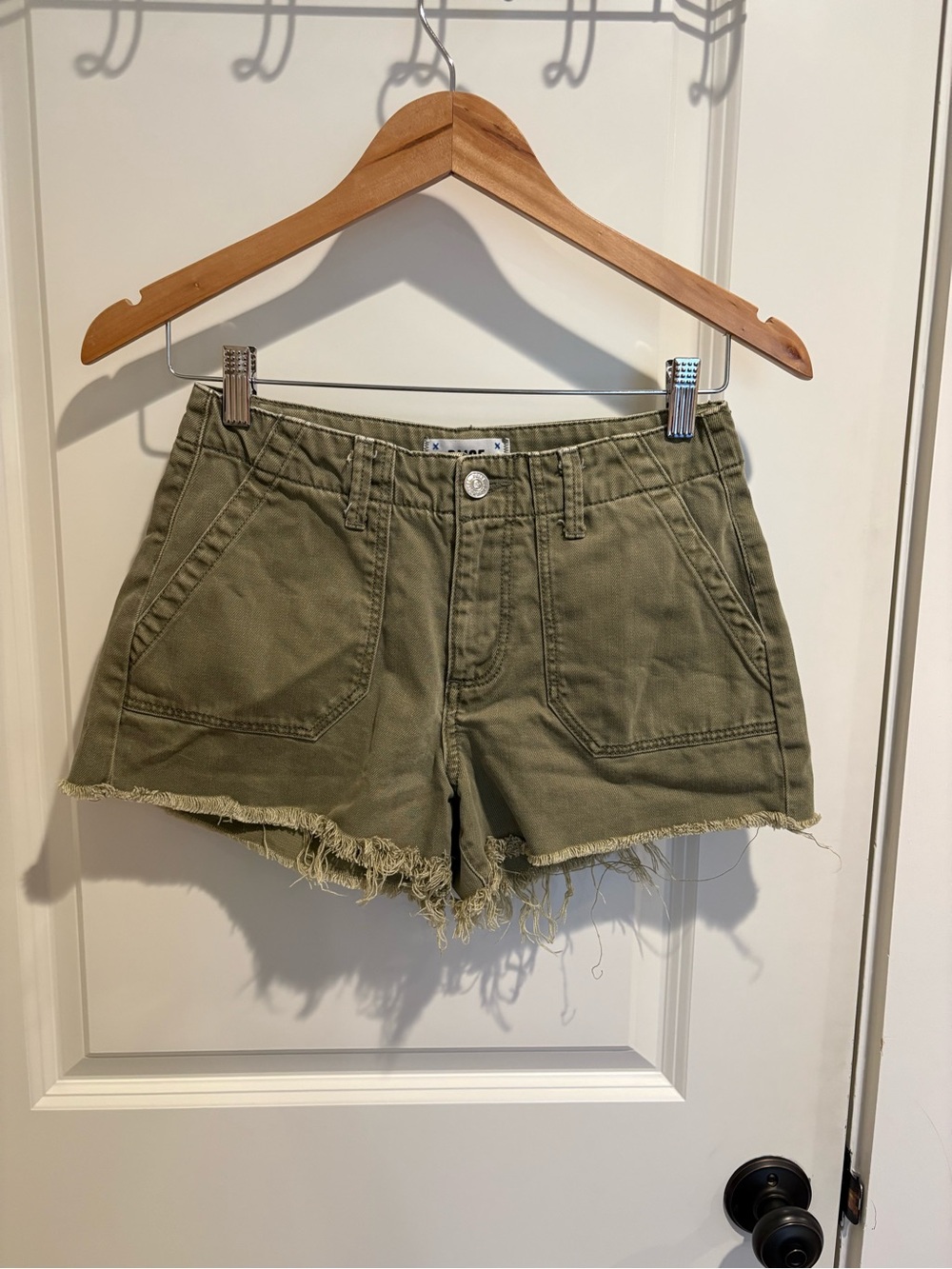 Paige Women's Olive Green Frayed Hem Utility Shorts - size 26
